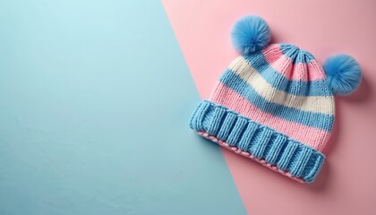 Knitted baby hat with blue pink white stripes and fuzzy pom poms sits on pastel background. Hat signifies gender reveal or baby shower. Offers copy space for announcements, cards, banners.