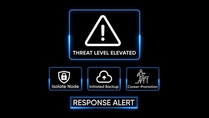 Digital alert screen displays threat level elevated with icons for isolate node initiated backup and career promotion