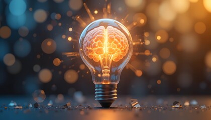 Luminous brain within a lightbulb symbolizing a powerful idea and intellectual breakthrough