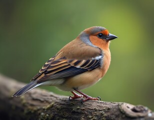 Fototapeta premium Chaffinch sits on mossy branch on soft green background. Small bird has colorful feathers. Finch is perched. Cute avian wildlife animal rests in nature. Close up of finch bird.