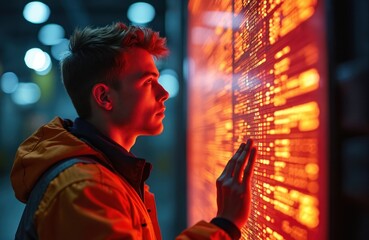 Young tech engineer examines bright LED display. Industrial worker reviews system data at night. Focused man checks details on modern digital glowing screen in factory. Information analytics expert