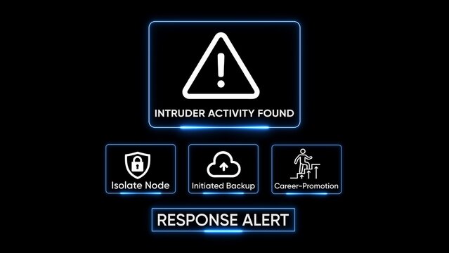 Intruder activity alert with icons for isolate node initiated backup and career promotion on dark background