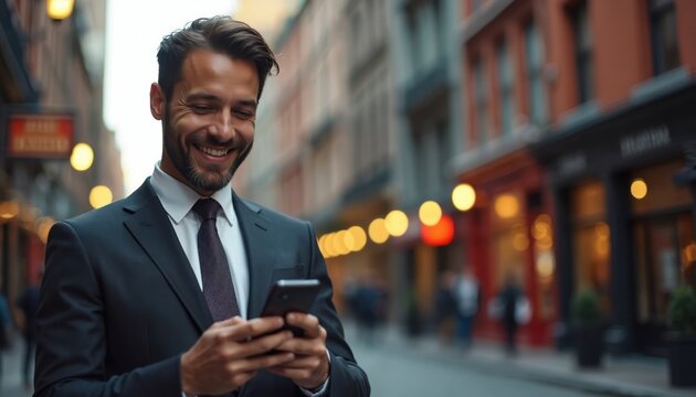 Happy smiling man in dark suit uses mobile phone outdoors on city street at night. Blurred bokeh lights create urban atmosphere. Businessman on phone. He is looking down.