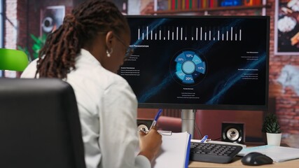 Remote worker at home watching business conference on PC monitor, looking over statistics on documents. Freelancer in apartment looking at presentation and checking paperwork files, camera B