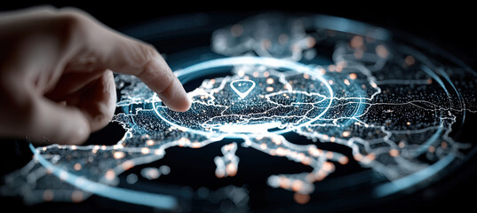 Finger touching global map with location pin identifying europe. Generated with ia