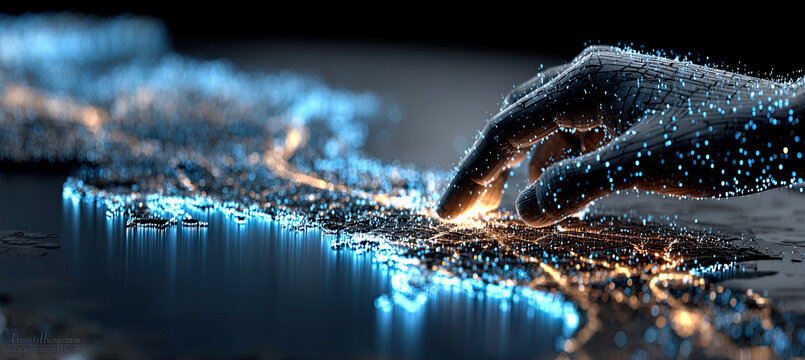 Digital hand interacting global data network map. Generated with ia