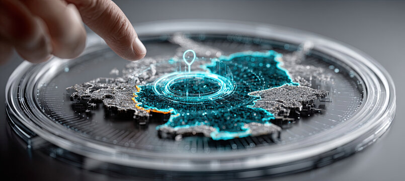 Hand interacting with germany global network data map. Generated with ia