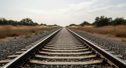 Fototapeta premium Railway Tracks Perspective View Leading to Horizon in Nature.