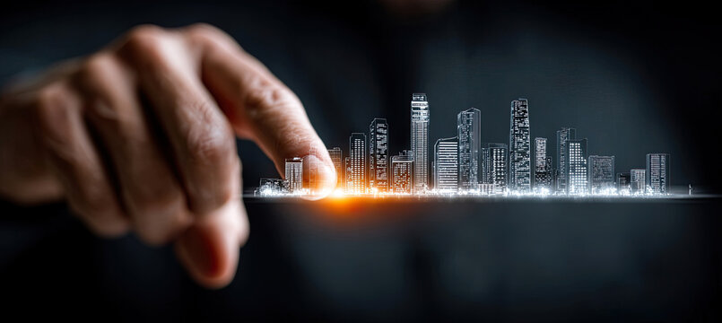 Human hand creating future city hologram technology concept. Generated with ia - Powered by Adobe
