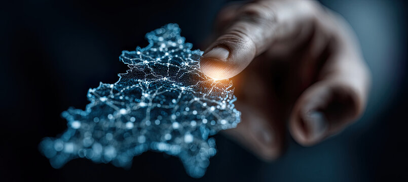 Finger touching digital network map connecting business data. Generated with ia