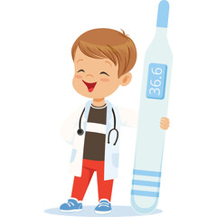Smiling young boy dressed as doctor wearing white coat and stethoscope holding large digital...