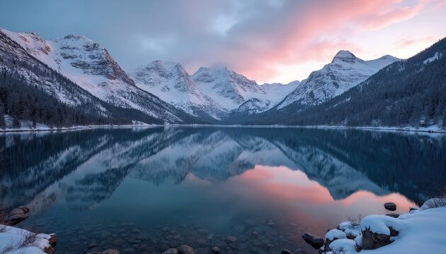 Snowy mountain peaks perfectly reflect in still lake water at twilight. Pine forest lines shore under pastel sunset sky. Clear calm water mirrors majestic scenery.