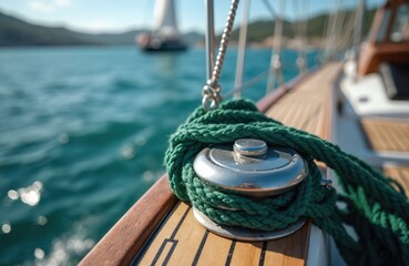 Fototapeta premium Closeup of green rope coiled on sailing winch. Yacht deck with wooden planks, blue ocean water, blurred boat in distance. Nautical equipment detail.