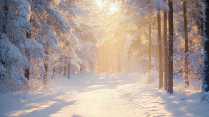 The pathway in the winter wonderland leads serene, snowy forest, where the sunlight beautifully filters through the trees, creating an enchanting atmosphere that invites exploration and tranquility