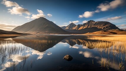 Majestic mountain range reflecting perfectly in a calm lake under a bright blue sky at sunrise
