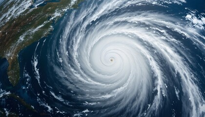 View from space of a powerful tropical cyclone with a clear eye, a massive storm system churning over the blue ocean waters