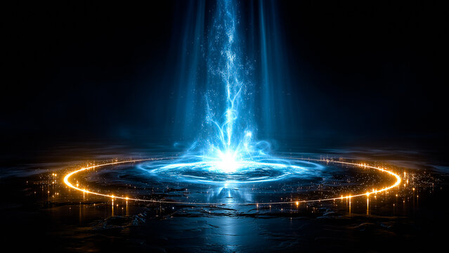 Celestial Beacon: An ethereal light beam ascends, its origin radiating a brilliant blue glow. Surrounded by a circular array of warm light, it signifies the convergence of energy and light.