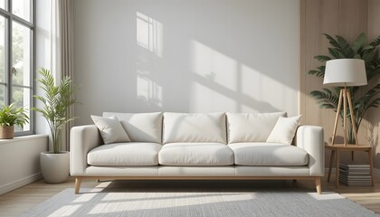 Fototapeta premium Stylish modern living room interior with comfortable couch and natural light, perfect for home decor inspiration or real estate design, feel the warmth