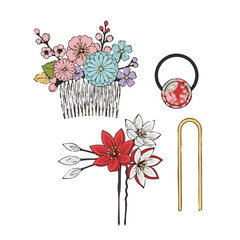 Colorful Japanese hair accessories featuring flowers and decorative pins  