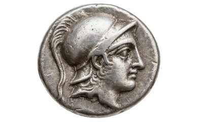 Silver coin with goddess Athena in helmet, suited for ancient Greek warrior themes.