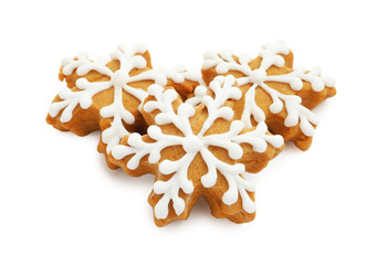Gingerbread cookies in shape of snowflakes isolated on white. Christmas treat