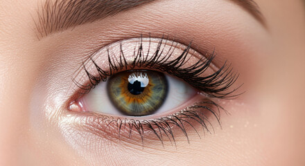 Obraz premium A high-detail, professional close-up photograph of a female eye with perfectly blended pearl eyeshadow, showcasing professional makeup artistry