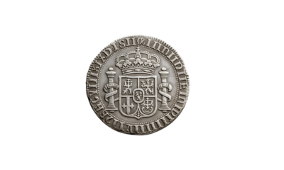 Silver Spanish pillar dollar replica, suited for colonial trade education.