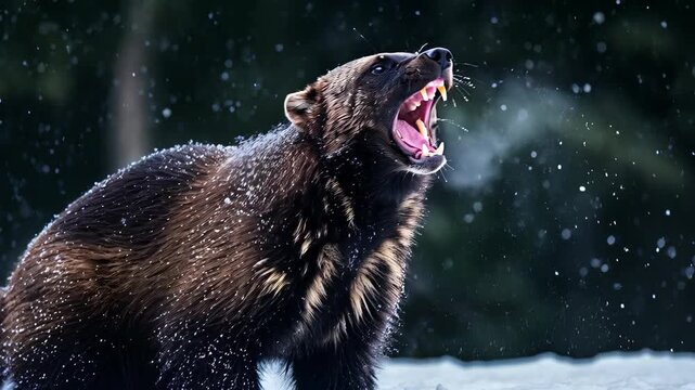A powerful wolverine snarls aggressively with bared teeth and visible breath vapor in a dark snowy winter forest as snowflakes fall around the wild animal.