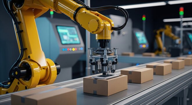 Industrial yellow robotic arm putting products into cardboard boxes on a fast conveyor belt, smart factory concept
