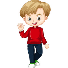 Smiling Young Boy With Blond Hair Waving Hello Wearing A Red Sweater Blue Jeans And Green Shoes On A Transparent Background