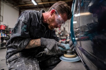 A man with a beard uses a power tool to polish the side of a dark vehicle in a shop setting wearing safety glasses and protective gloves