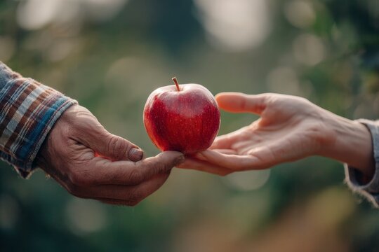 A red apple being passed between two outstretched hands one wearing a plaid shirt
