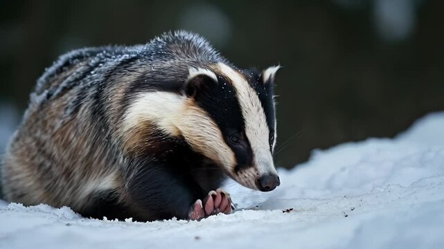 A European badger with its iconic striped face forages in fresh white snow during a cold winter day, surrounded by a dark, blurred natural background.