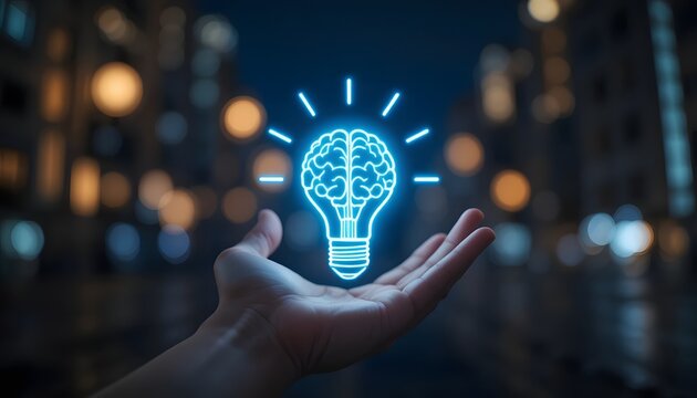 Open hand cradles a glowing brain light bulb, sparking brilliant ideas and innovative technology against a blurred city night backdrop
