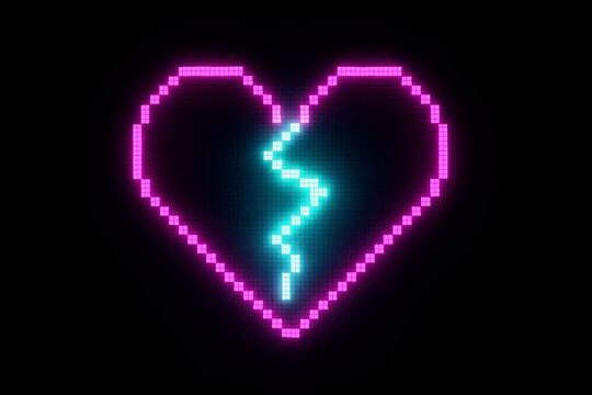 Heart with a broken line in the middle. The heart is lit up in neon colors. Scene is sad and broken