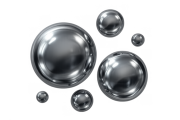 Liquid metal spheres floating, shiny metallic drops flowing, chrome bubbles reflecting, mercury abstract elements on transparent background