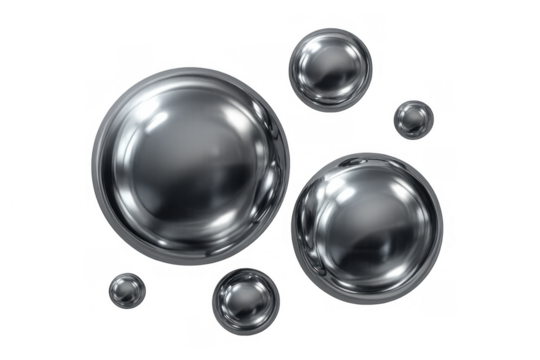 Liquid metal spheres floating, shiny metallic drops flowing, chrome bubbles reflecting, mercury abstract elements on transparent background