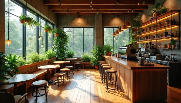 Stylish cafe interior design with wood elements plants. Cafe with large windows and cozy atmosphere. Coffee shop with coffee machine and counter. Sunlight enhances mood.