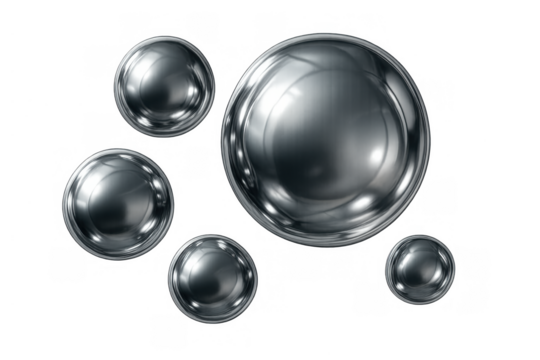 Reflecting chrome metal spheres and liquid drops abstract design element on transparent background