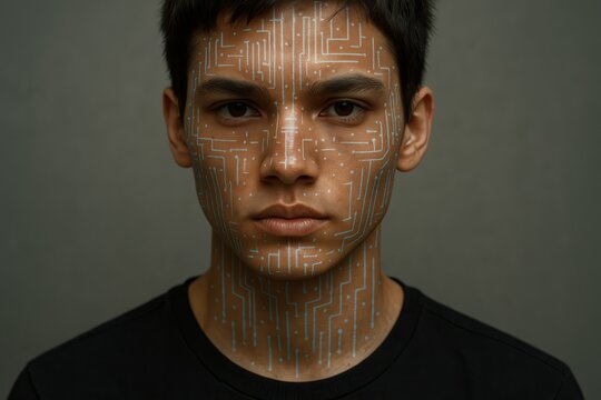 Man with a face covered in computer chips. The image conveys a futuristic and technological vibe