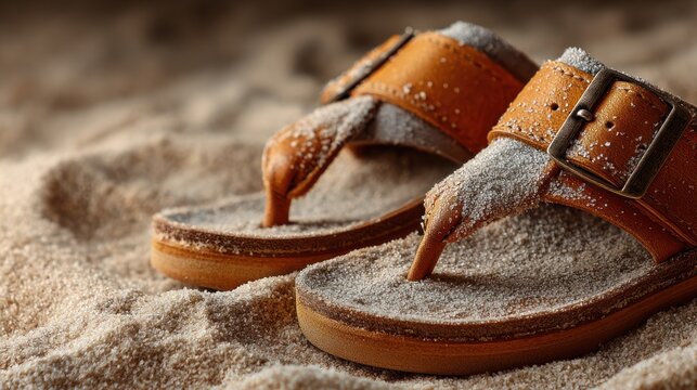 evoking a tranquil beach getaway, a pair of leather sandals covered in fine sand suggests relaxation and the simple pleasures of summer