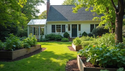 Suburban Cape Cod house with a vibrant vegetable garden. Raised beds feature various plants. Greenhouse provides a sunny space. Home exterior with green lawn offers beauty and functionality.