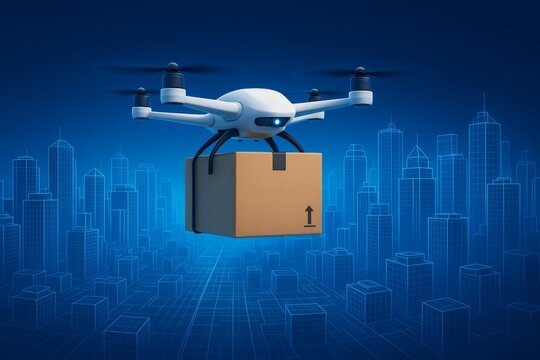 White drone is flying over a city with a box on its nose. The drone is hovering over a cityscape with tall buildings and a blue sky. Concept of modern technology and innovation