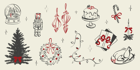 Naklejka premium Festive chalk sketches showcase Christmas celebration with gift ribbons, holiday dinner table, vintage menu cards, and whimsical seasonal decorations