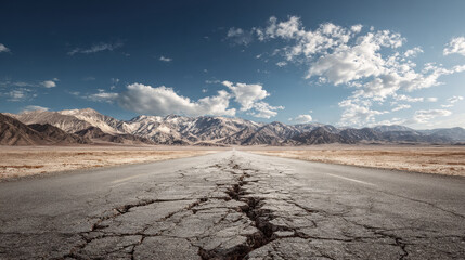 Cracked highway stretches toward distant mountains across dry desert landscape under dramatic sky conveying isolation and resilience