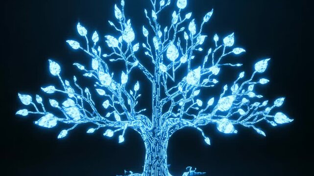 Glowing abstract digital tree with neon circuit branches expanding on a dark background for artificial intelligence and data growth concept