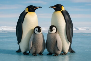 Obraz premium Family of penguins are standing on ice in the ocean. The mother penguin is standing between two of her babies