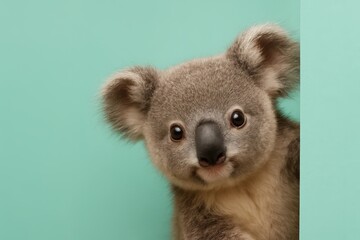 Fototapeta premium Baby koala is looking at the camera with a big smile on its face. The image has a cheerful and playful mood, as the baby koala seems to be enjoying the moment