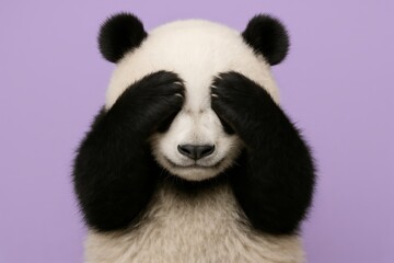 Obraz premium Baby panda is hiding its eyes behind its paws. Concept of innocence and curiosity, as the panda is trying to conceal its eyes, possibly out of shyness or playfulness