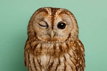 Naklejka premium Brown owl with its eyes closed and one eye open. The owl is looking at the camera